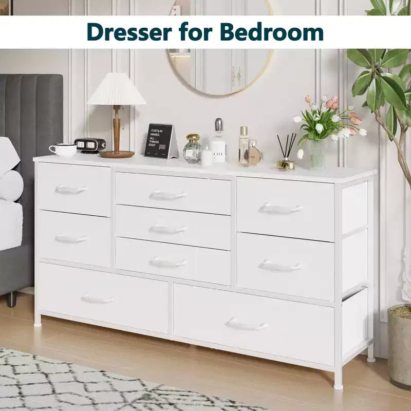 Modern White 9 Drawer Dresser Storage Chest of Drawers Wood Top Fabric Organizer Cabinet Large Bedroom Entryway 45 Inch TV Stand Console