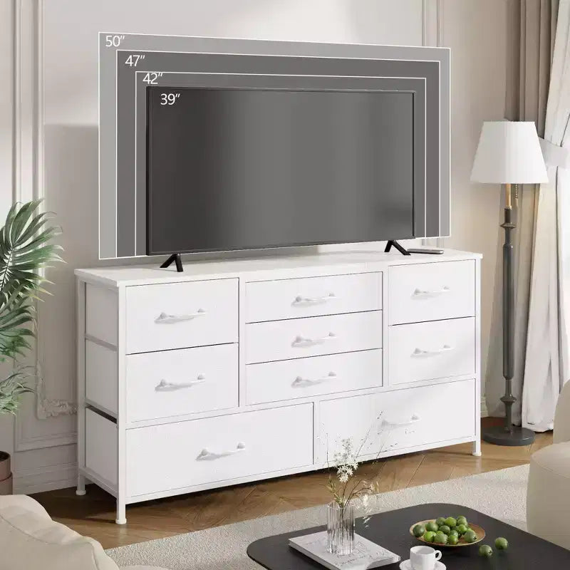 Modern White 9 Drawer Dresser Storage Chest of Drawers Wood Top Fabric Organizer Cabinet Large Bedroom Entryway 45 Inch TV Stand Console