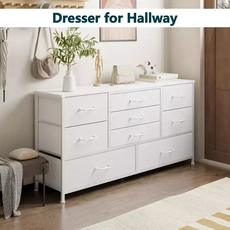 Modern White 9 Drawer Dresser Storage Chest of Drawers Wood Top Fabric Organizer Cabinet Large Bedroom Entryway 45 Inch TV Stand Console