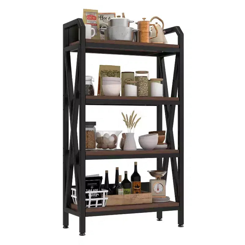 56.3H 4-Level Bakers Rack, Metal & Wooden Kitchen Storage Shelf (Adjustable Multi-Scene Organizer for Garage/Pantry/Bathroom)