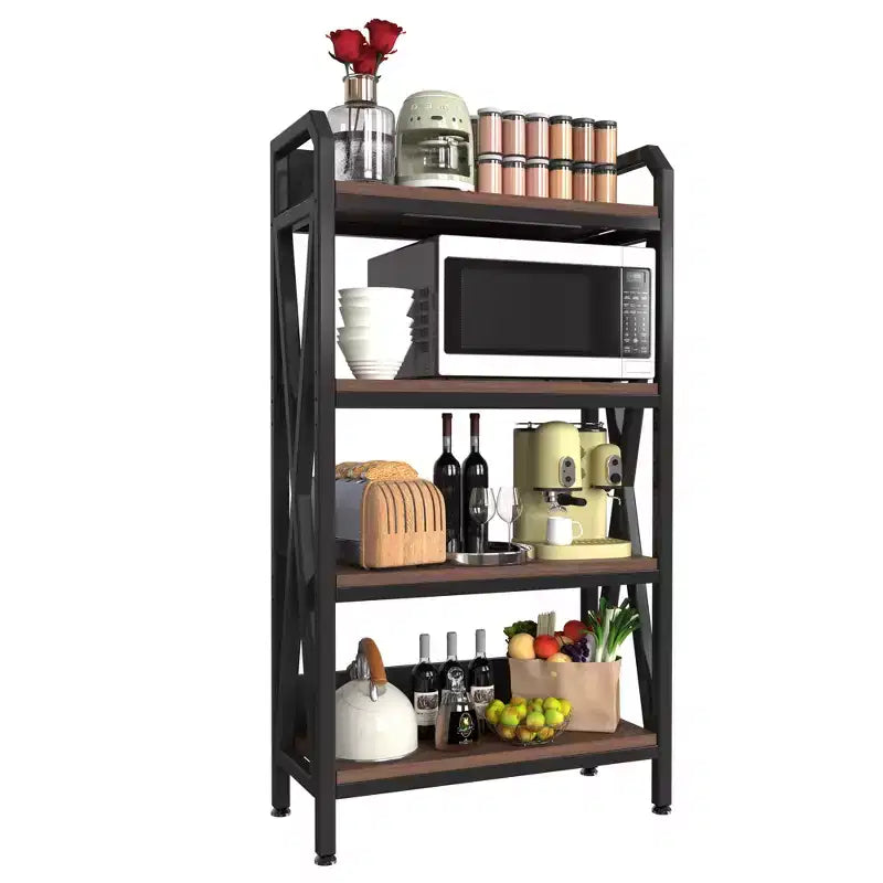 56.3H 4-Level Bakers Rack, Metal & Wooden Kitchen Storage Shelf (Adjustable Multi-Scene Organizer for Garage/Pantry/Bathroom)