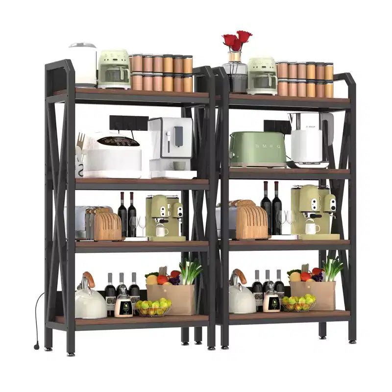 56.3H 4-Level Bakers Rack, Metal & Wooden Kitchen Storage Shelf (Adjustable Multi-Scene Organizer for Garage/Pantry/Bathroom)
