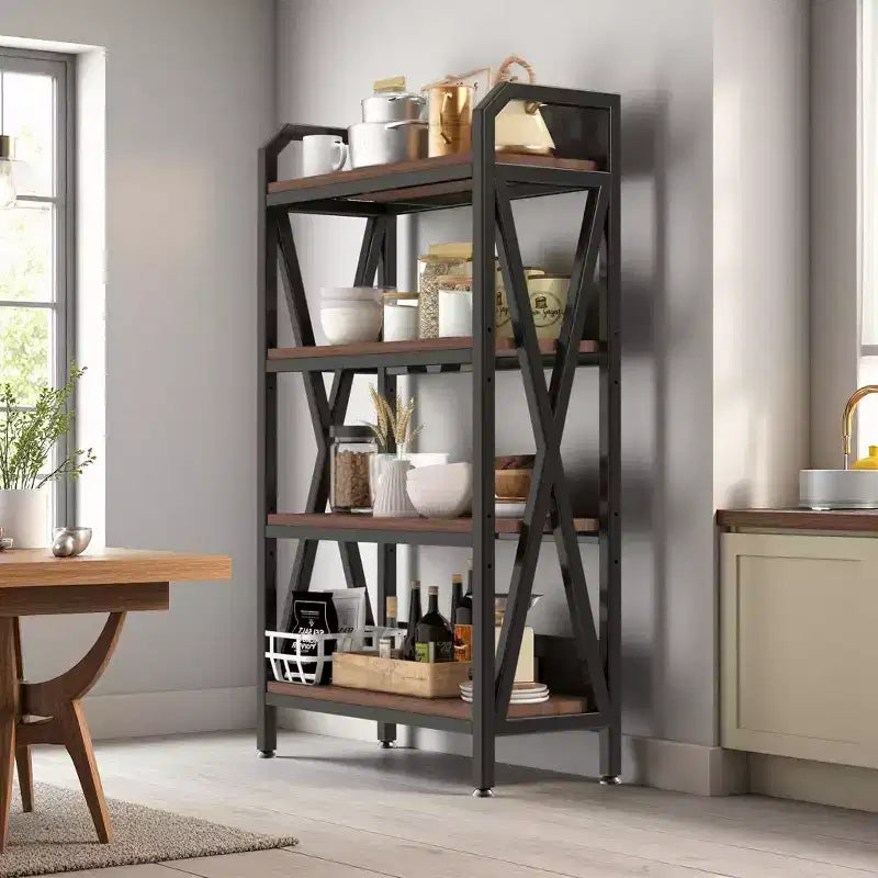 56.3H 4-Level Bakers Rack, Metal & Wooden Kitchen Storage Shelf (Adjustable Multi-Scene Organizer for Garage/Pantry/Bathroom)