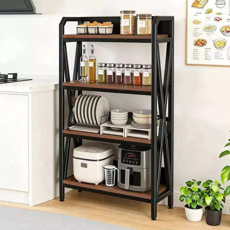 56.3H 4-Level Bakers Rack, Metal & Wooden Kitchen Storage Shelf (Adjustable Multi-Scene Organizer for Garage/Pantry/Bathroom)