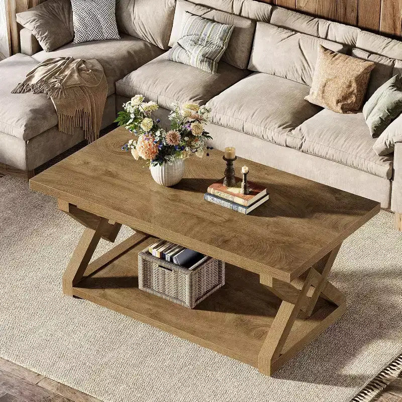 Lantine 47.24-Inch 2-Tier Coffee Table, Farmhouse Rectangle Tea Cocktail Table with Open Storage Shelves for Living Room, Easy Assembly