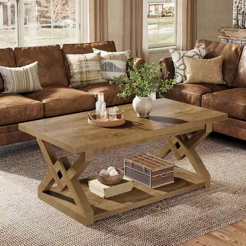 47.24-Inch 2-Tier Coffee Table, Farmhouse Rectangle Tea Cocktail Table with Open Storage Shelves for Living Room, Easy Assembly