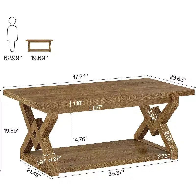 47.24-Inch 2-Tier Coffee Table, Farmhouse Rectangle Tea Cocktail Table with Open Storage Shelves for Living Room, Easy Assembly