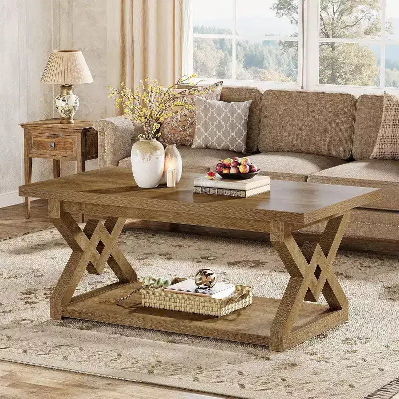 47.24-Inch 2-Tier Coffee Table, Farmhouse Rectangle Tea Cocktail Table with Open Storage Shelves for Living Room, Easy Assembly