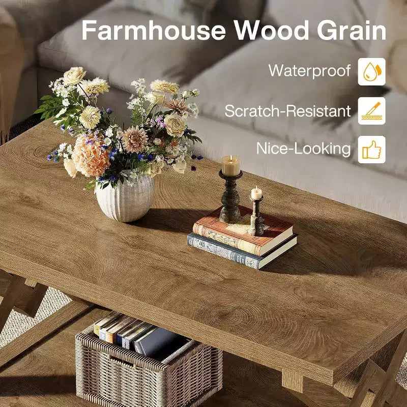 47.24-Inch 2-Tier Coffee Table, Farmhouse Rectangle Tea Cocktail Table with Open Storage Shelves for Living Room, Easy Assembly