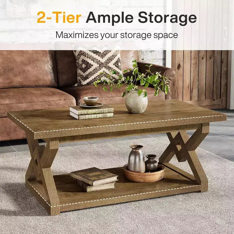 47.24-Inch 2-Tier Coffee Table, Farmhouse Rectangle Tea Cocktail Table with Open Storage Shelves for Living Room, Easy Assembly