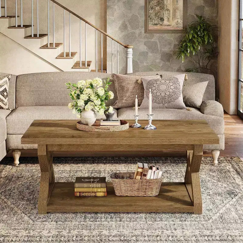 47.24-Inch 2-Tier Coffee Table, Farmhouse Rectangle Tea Cocktail Table with Open Storage Shelves for Living Room, Easy Assembly