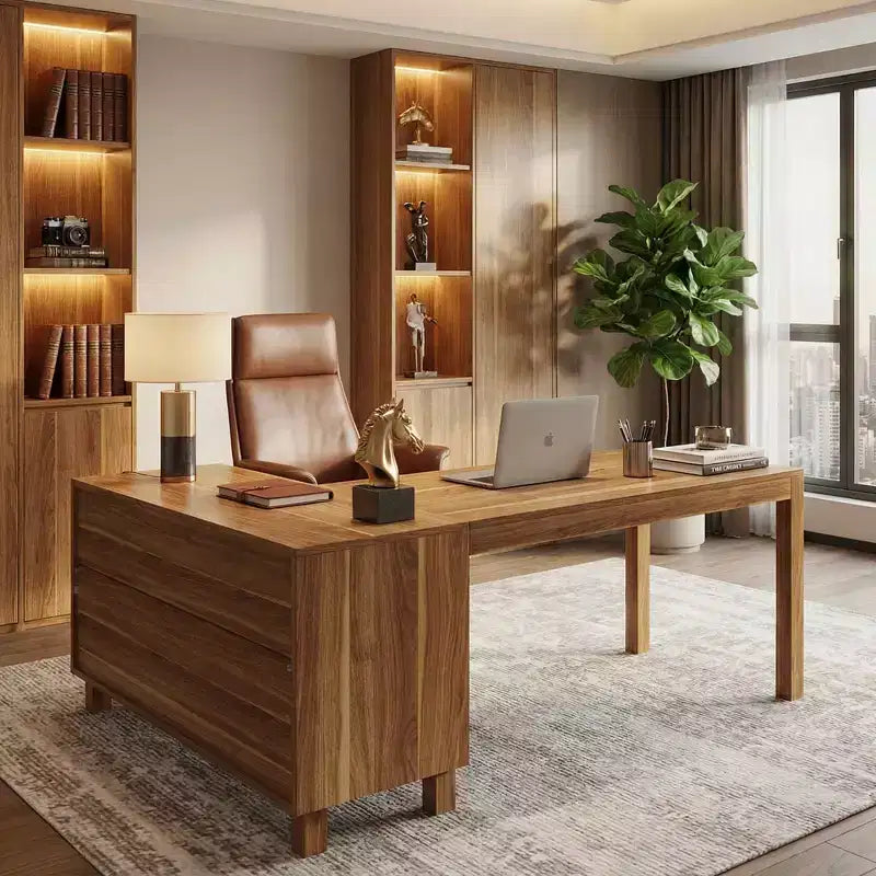 MAYEERTY 59-Inch L-Shaped Executive Desk, Home Office Computer Desk with Storage Cabinet