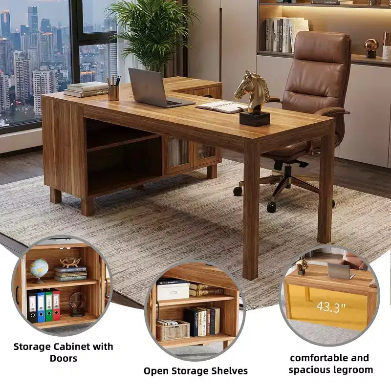 59-Inch L-Shaped Executive Desk, Home Office Computer Desk with Storage Cabinet