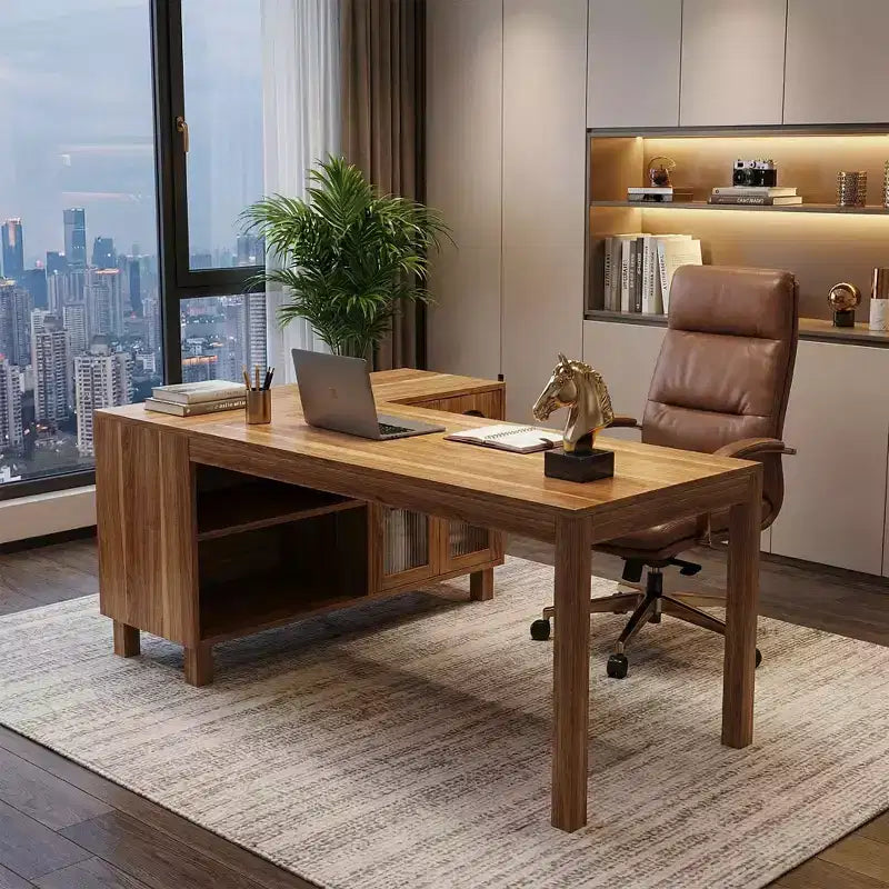 59-Inch L-Shaped Executive Desk, Home Office Computer Desk with Storage Cabinet