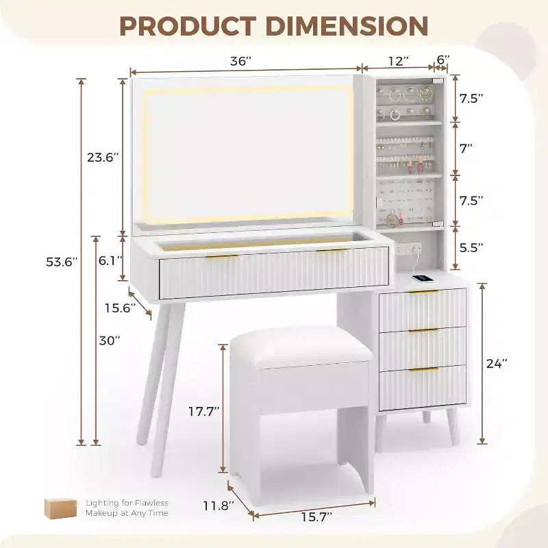 48 Fluted Makeup Vanity Desk with Large Mirror and Lights, Modern Makeup Vanity with Charging Station and Cushioned Storage Stool for Home