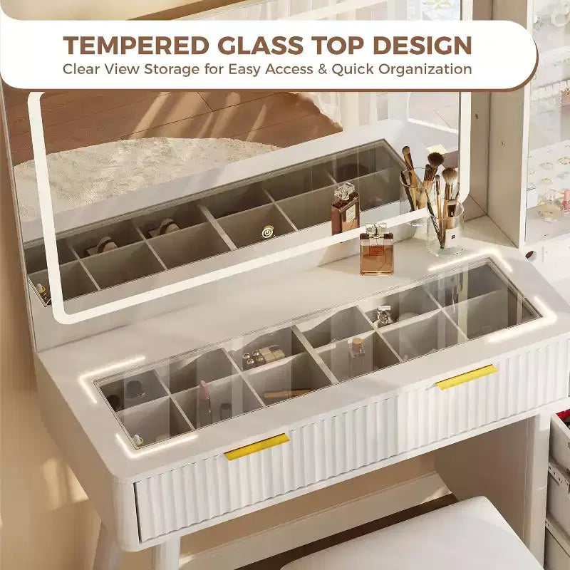 48 Fluted Makeup Vanity Desk with Large Mirror and Lights, Modern Makeup Vanity with Charging Station and Cushioned Storage Stool for Home
