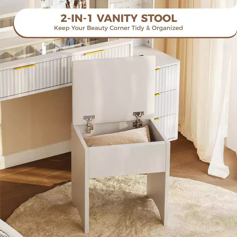 48 Fluted Makeup Vanity Desk with Large Mirror and Lights, Modern Makeup Vanity with Charging Station and Cushioned Storage Stool for Home