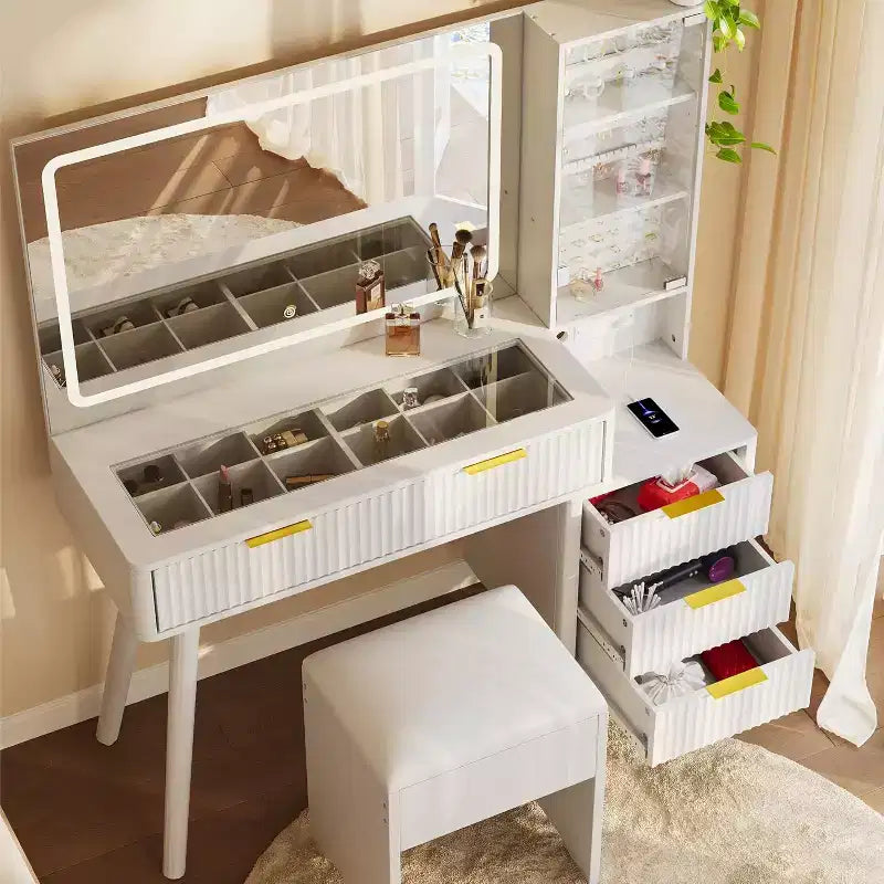 48 Fluted Makeup Vanity Desk with Large Mirror and Lights, Modern Makeup Vanity with Charging Station and Cushioned Storage Stool for Home