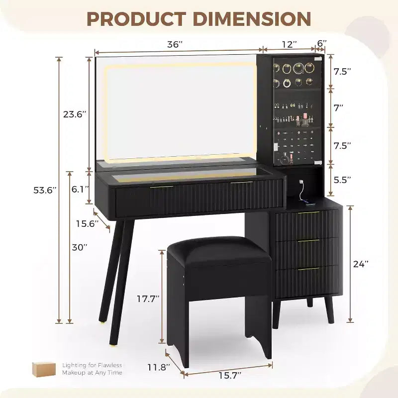 48 Fluted Makeup Vanity Desk with Large Mirror and Lights, Modern Makeup Vanity with Charging Station and Cushioned Storage Stool for Home
