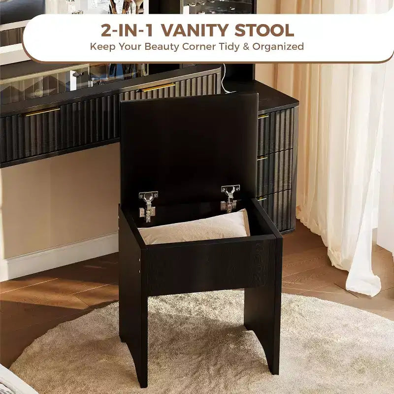 48 Fluted Makeup Vanity Desk with Large Mirror and Lights, Modern Makeup Vanity with Charging Station and Cushioned Storage Stool for Home