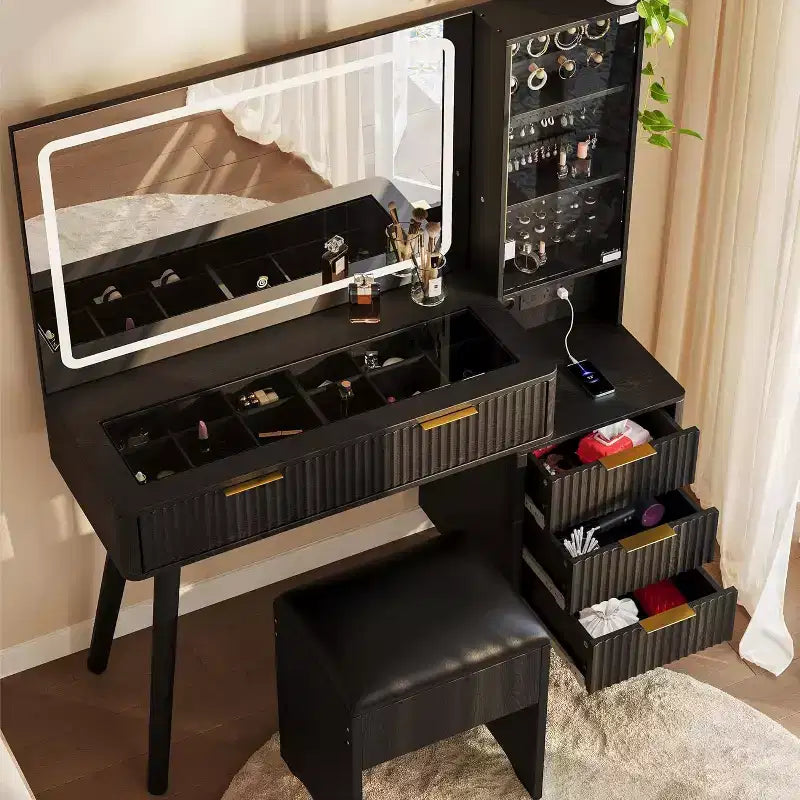 48 Fluted Makeup Vanity Desk with Large Mirror and Lights, Modern Makeup Vanity with Charging Station and Cushioned Storage Stool for Home