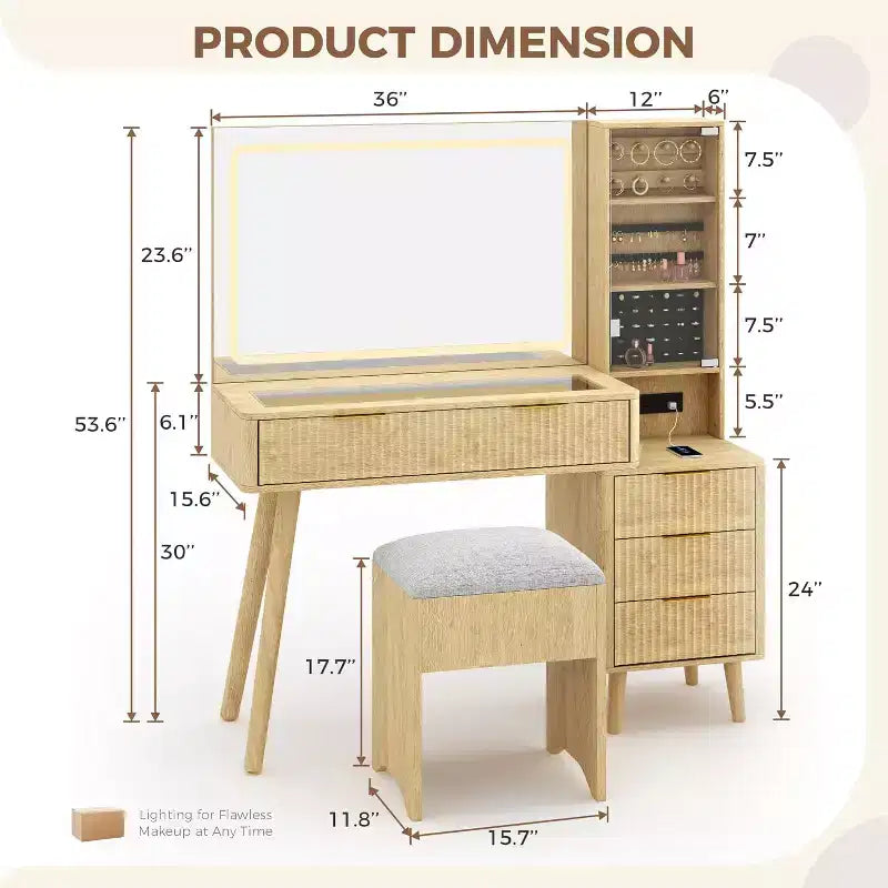 48 Fluted Makeup Vanity Desk with Large Mirror and Lights, Modern Makeup Vanity with Charging Station and Cushioned Storage Stool for Home