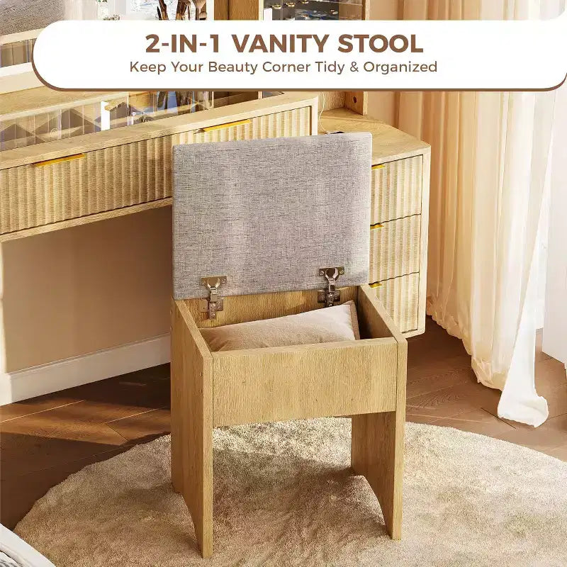 48 Fluted Makeup Vanity Desk with Large Mirror and Lights, Modern Makeup Vanity with Charging Station and Cushioned Storage Stool for Home