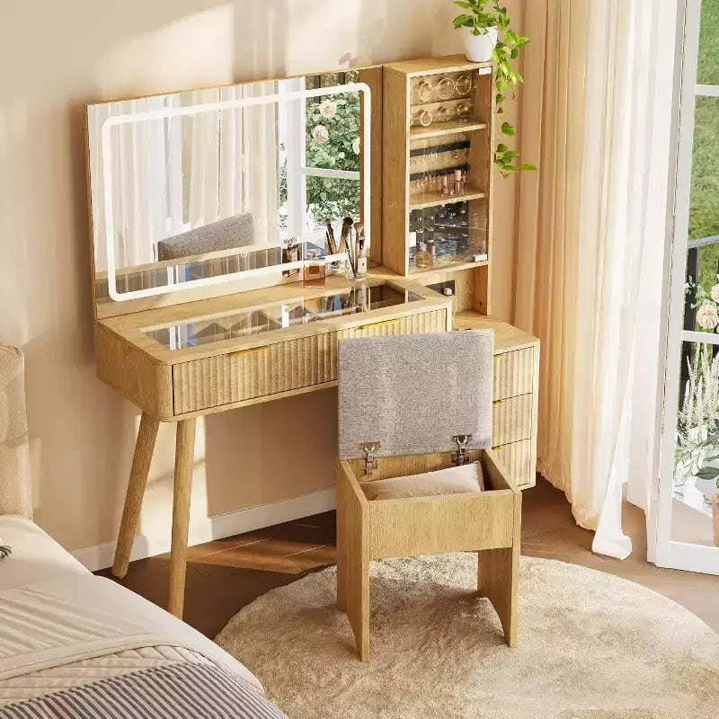 48 Fluted Makeup Vanity Desk with Large Mirror and Lights, Modern Makeup Vanity with Charging Station and Cushioned Storage Stool for Home