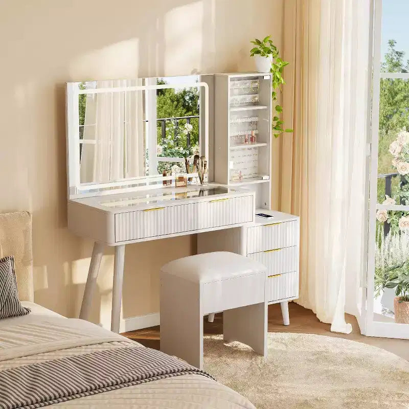 48 Fluted Makeup Vanity Desk with Large Mirror and Lights, Modern Makeup Vanity with Charging Station and Cushioned Storage Stool for Home