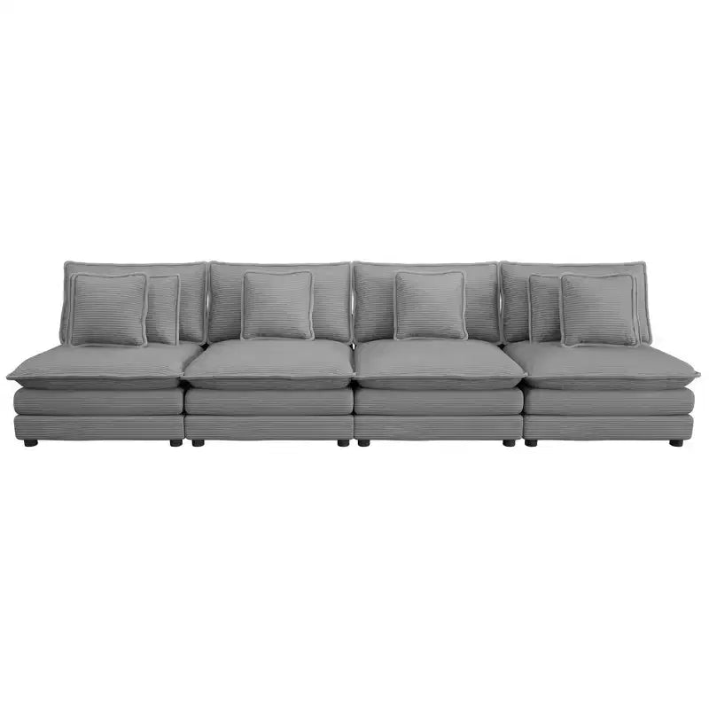 141.6 Modern Modular Sofa Upholsteres Corduroy with Four Pillows for Living Room Gray
