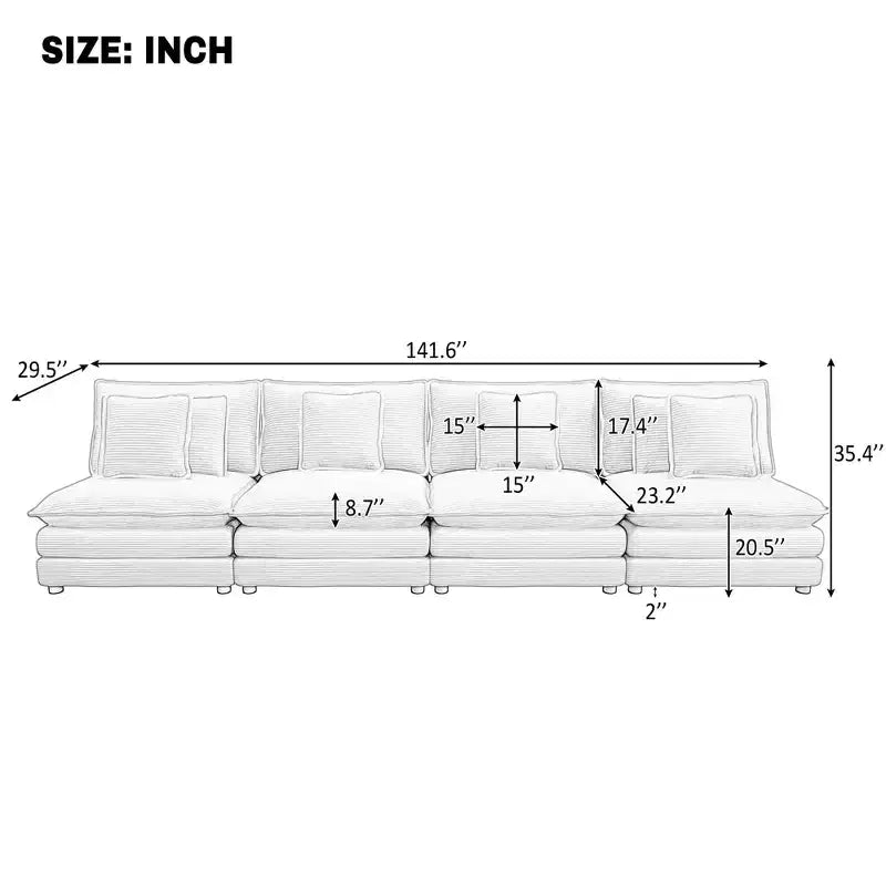 141.6 Modern Modular Sofa Upholsteres Corduroy with Four Pillows for Living Room Gray
