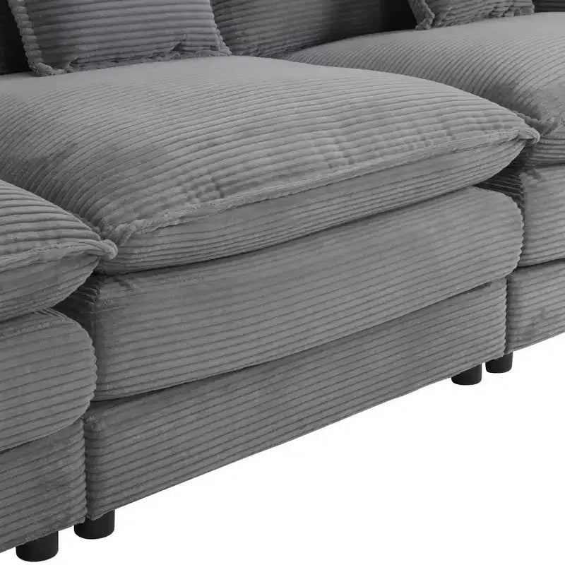141.6 Modern Modular Sofa Upholsteres Corduroy with Four Pillows for Living Room Gray