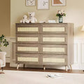 Rattan Dresser for Bedroom with 8 Drawers, 47.2 in Wide Chest of Drawers, Modern Wooden Double Dresser TV Stand with Wood Legs for Hallway, Entryway