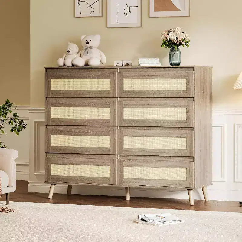 Rattan Dresser for Bedroom with 8 Drawers, 47.2 in Wide Chest of Drawers, Modern Wooden Double Dresser TV Stand with Wood Legs for Hallway, Entryway