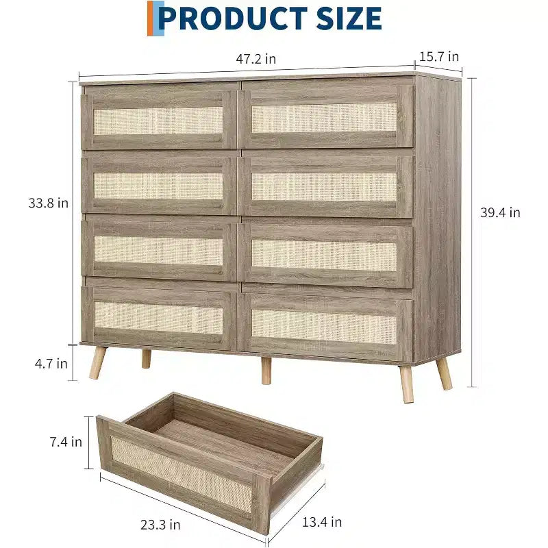 Rattan Dresser for Bedroom with 8 Drawers, 47.2 in Wide Chest of Drawers, Modern Wooden Double Dresser TV Stand with Wood Legs for Hallway, Entryway