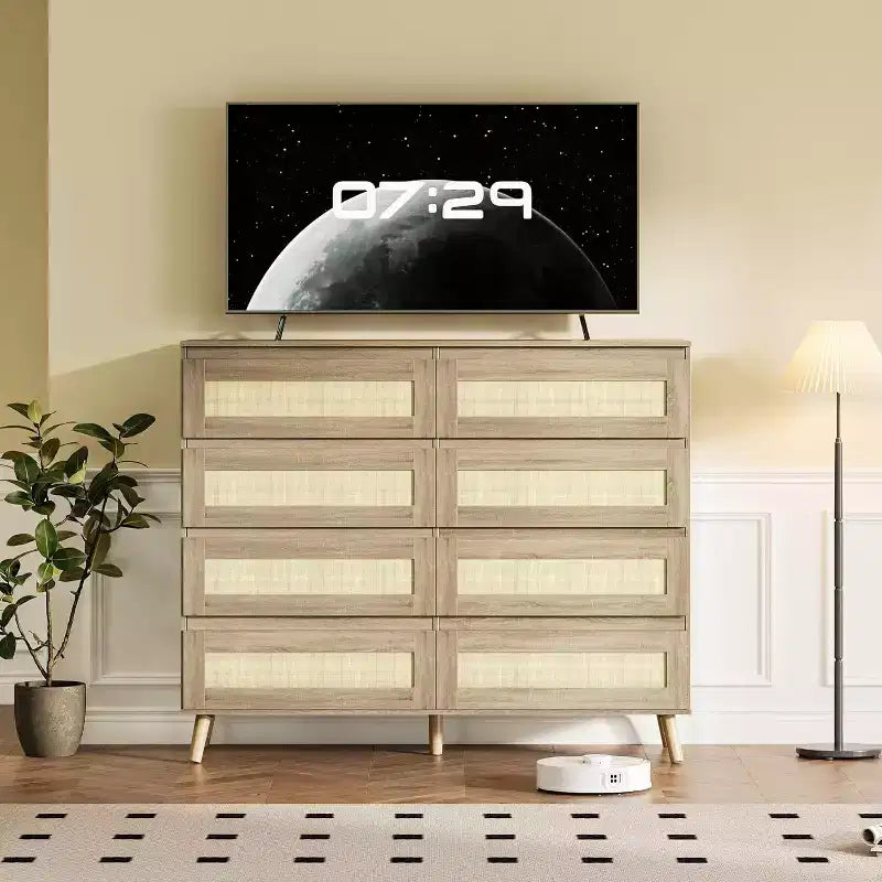 Rattan Dresser for Bedroom with 8 Drawers, 47.2 in Wide Chest of Drawers, Modern Wooden Double Dresser TV Stand with Wood Legs for Hallway, Entryway
