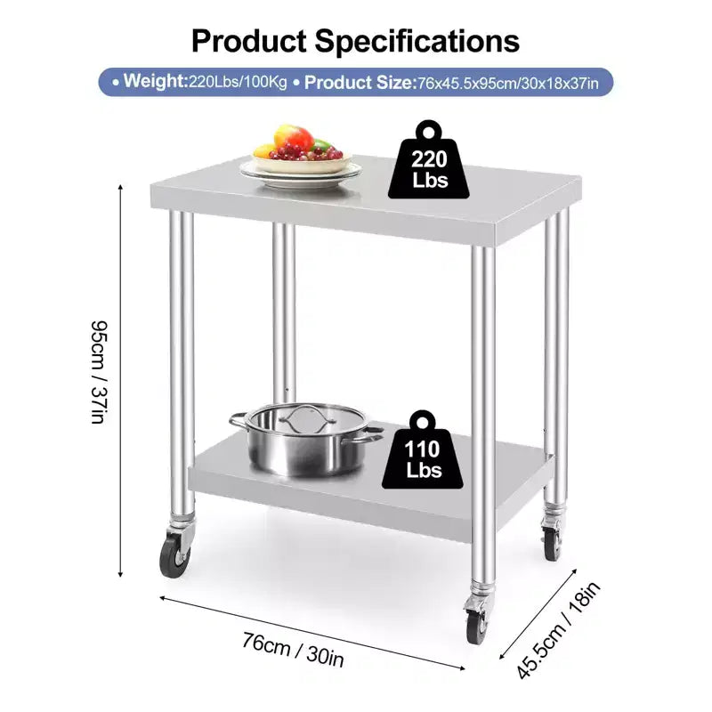 Stainless Steel Work Table, 36x24 Inch/30x18 Inch Food Prep Worktable with 4 Wheels for Commercial Kitchen Restaurant