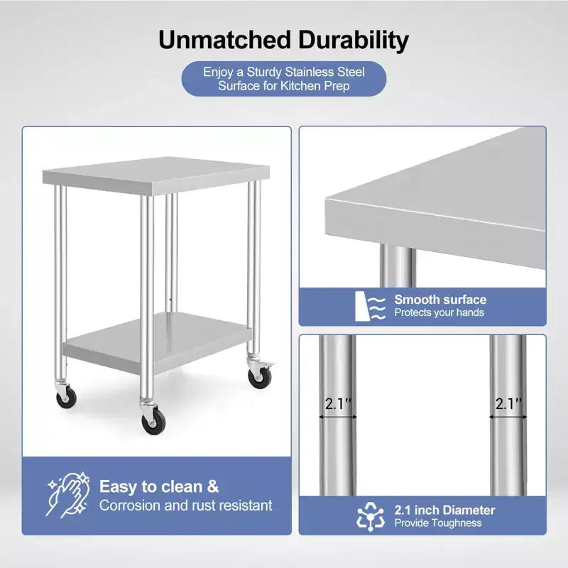 Stainless Steel Work Table, 36x24 Inch/30x18 Inch Food Prep Worktable with 4 Wheels for Commercial Kitchen Restaurant