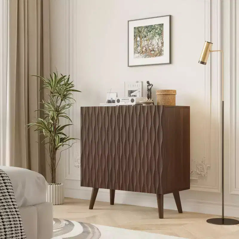 Erommy 2 - Door Accent Cabinet With Adjustable Shelves, Buffet Cabinet With Sculptural Wave Design For Dining Room, Living Room