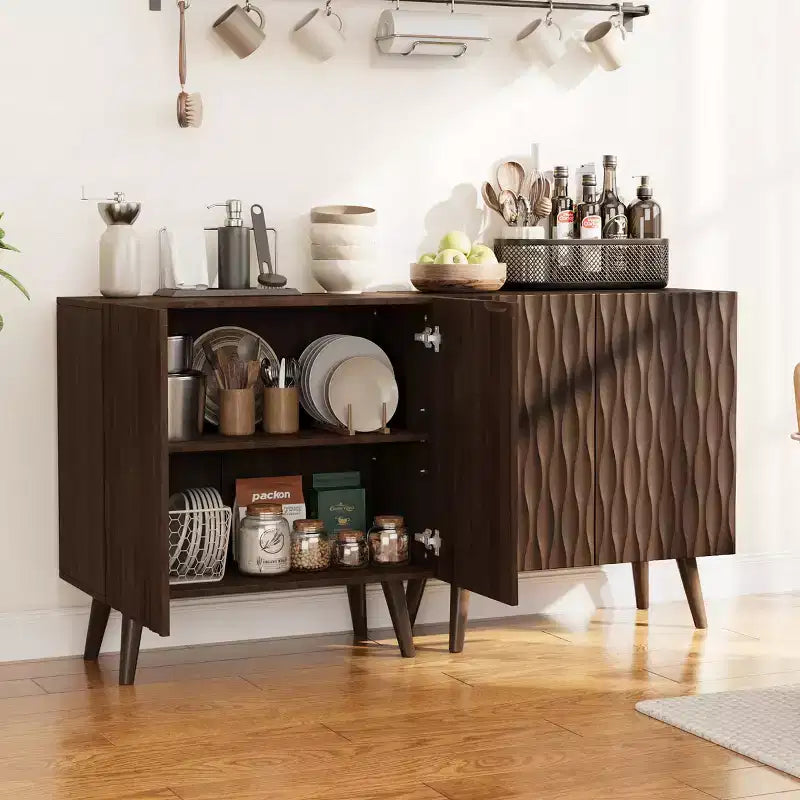2 - Door Accent Cabinet With Adjustable Shelves, Buffet Cabinet With Sculptural Wave Design For Dining Room, Living Room