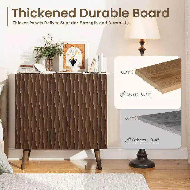 2 - Door Accent Cabinet With Adjustable Shelves, Buffet Cabinet With Sculptural Wave Design For Dining Room, Living Room