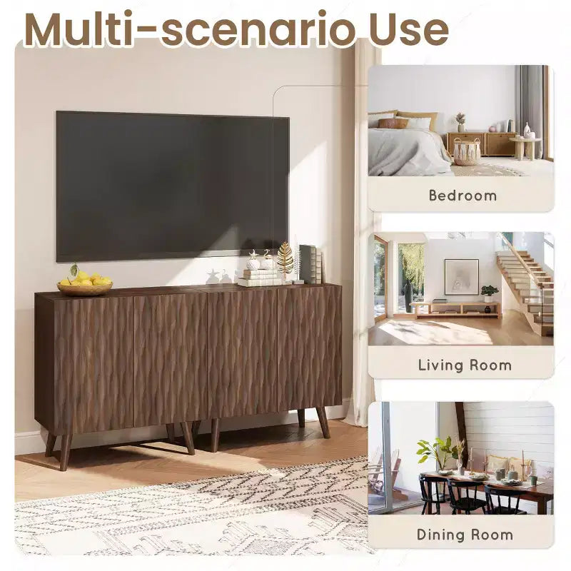 2 - Door Accent Cabinet With Adjustable Shelves, Buffet Cabinet With Sculptural Wave Design For Dining Room, Living Room
