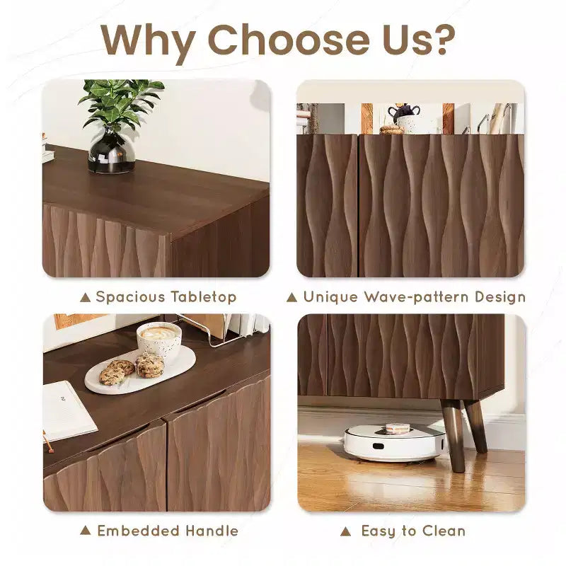 2 - Door Accent Cabinet With Adjustable Shelves, Buffet Cabinet With Sculptural Wave Design For Dining Room, Living Room