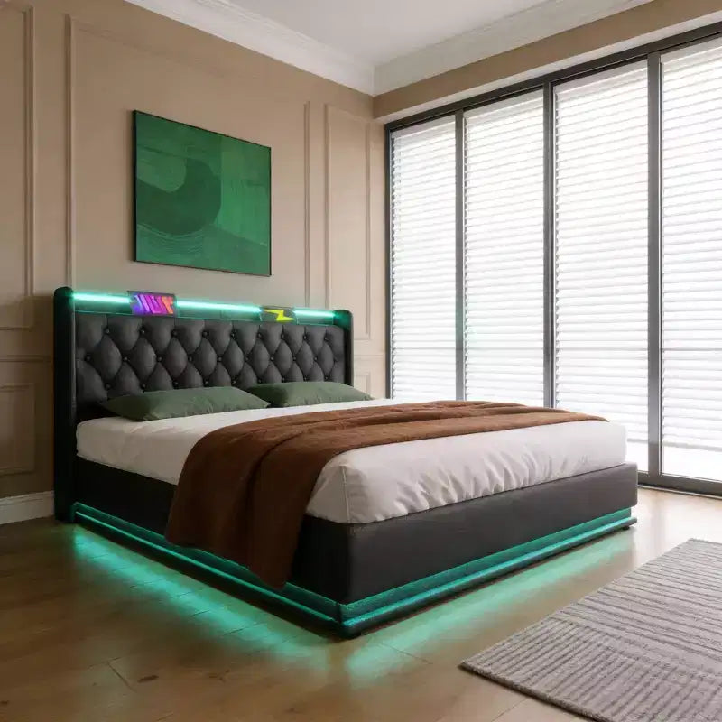 Queen Size Upholstered Bed With Hydraulic Storage, RGB Lights, USB and Type-C Ports