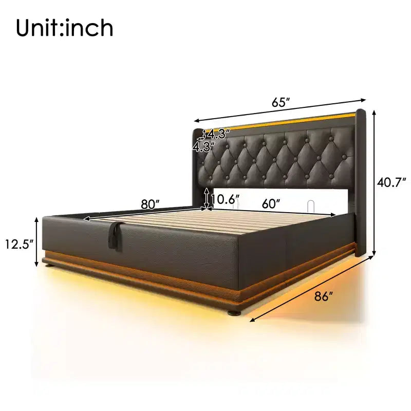 Queen Size Upholstered Bed With Hydraulic Storage, RGB Lights, USB and Type-C Ports