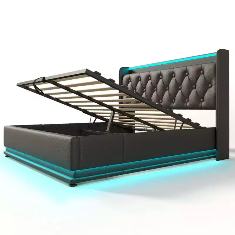 Queen Size Upholstered Bed With Hydraulic Storage, RGB Lights, USB and Type-C Ports