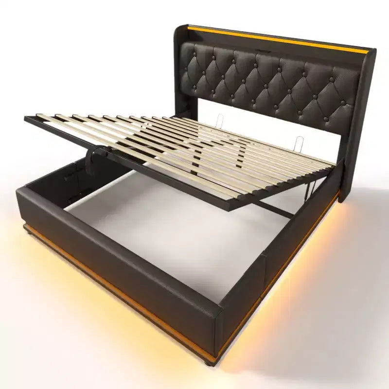 Queen Size Upholstered Bed With Hydraulic Storage, RGB Lights, USB and Type-C Ports