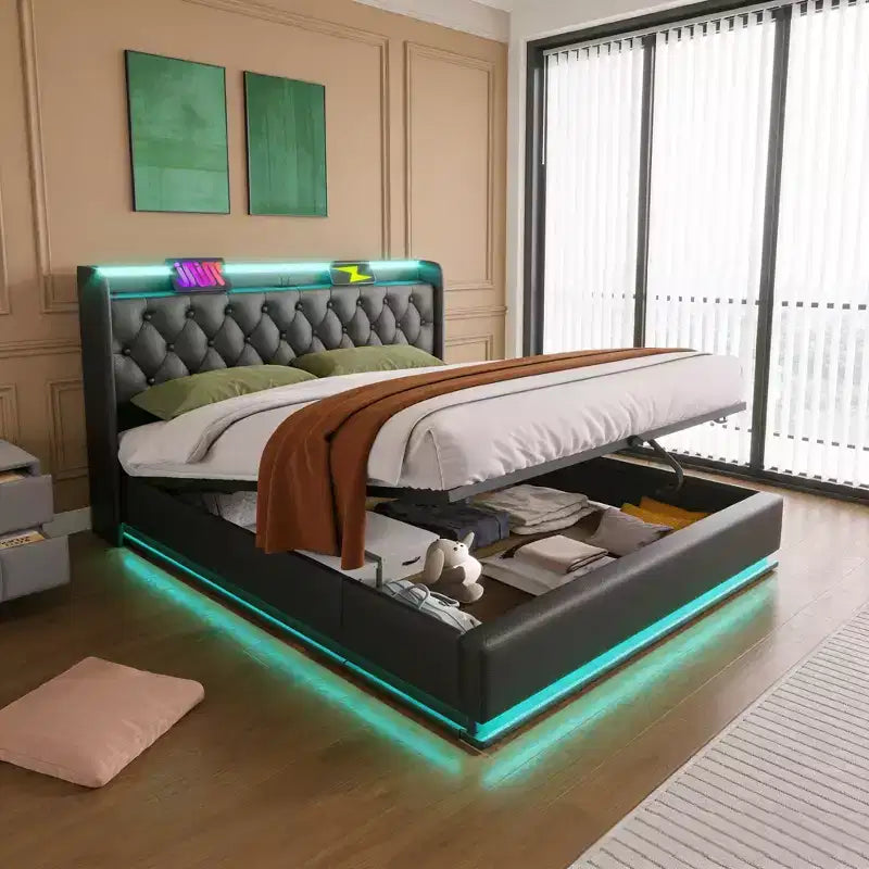 Queen Size Upholstered Bed With Hydraulic Storage, RGB Lights, USB and Type-C Ports
