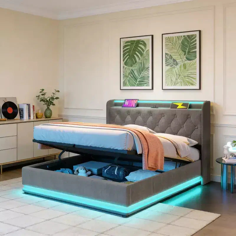 Luxystar Queen Size Upholstered Bed With Hydraulic Storage, RGB Lights, USB and Type-C Ports