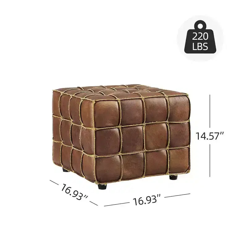 Cubic Leather Ottoman with Grid Patchwork Design